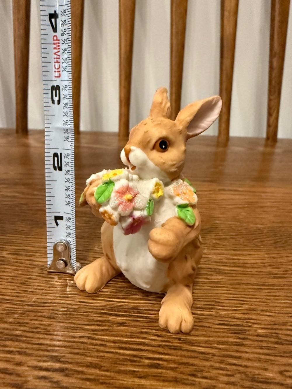 Mini Resin Easter Bunny Figurine with Glitter Floral Bouquet – 3.5”